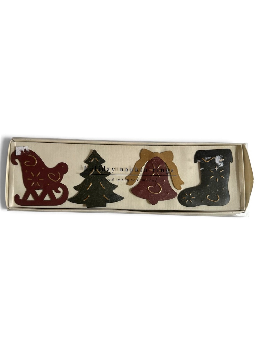 Pier 1 Imports Hand-Painted Metal Holiday Christmas Napkin Rings Set of 4 Rustic